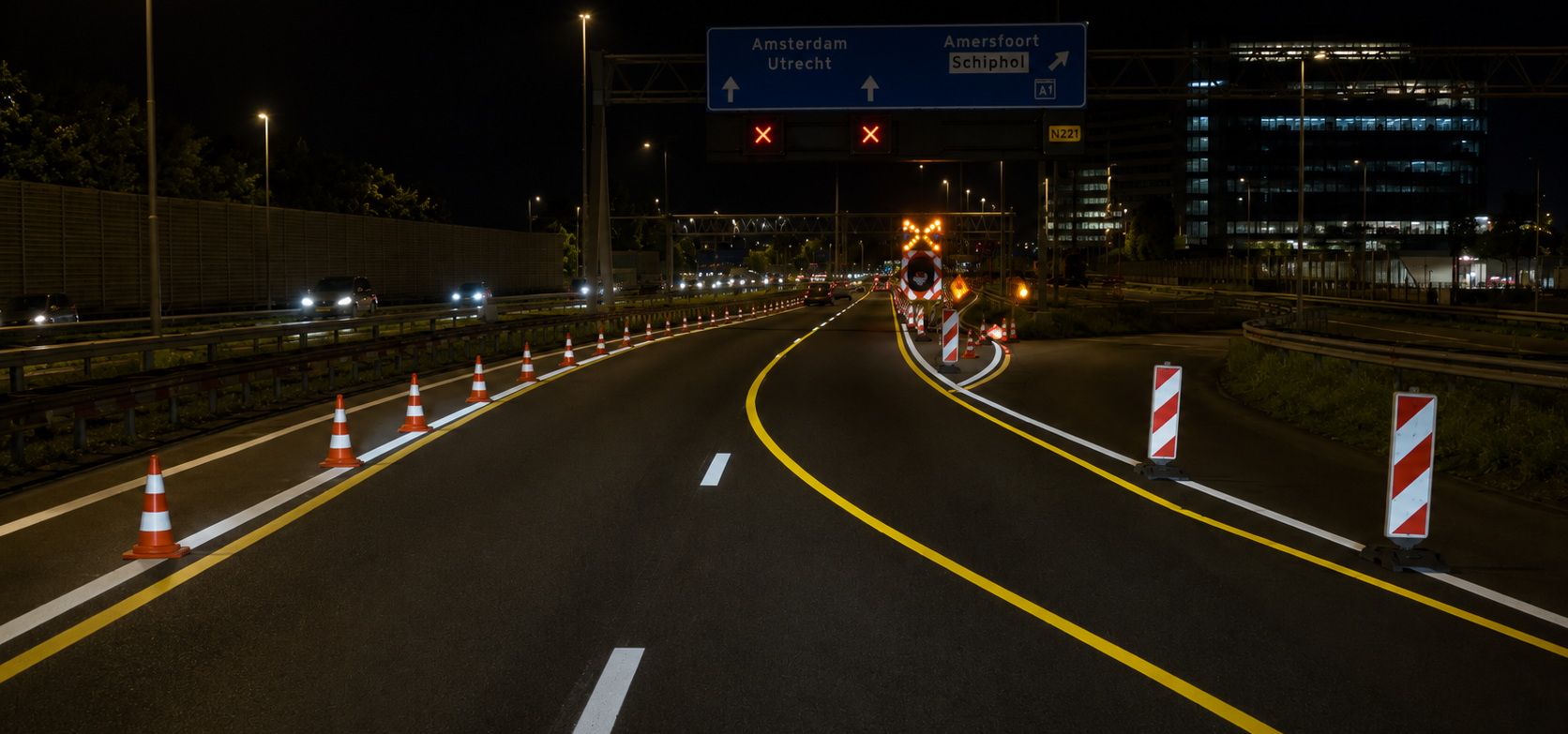 noodbelijning wegmarkering nacht